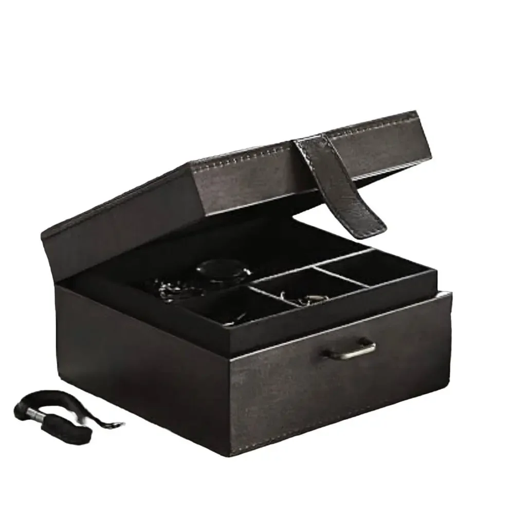 PB Black LEATHER JEWELRY BOX + TRAY Mens Ladies 8” Square Dresser Organizer